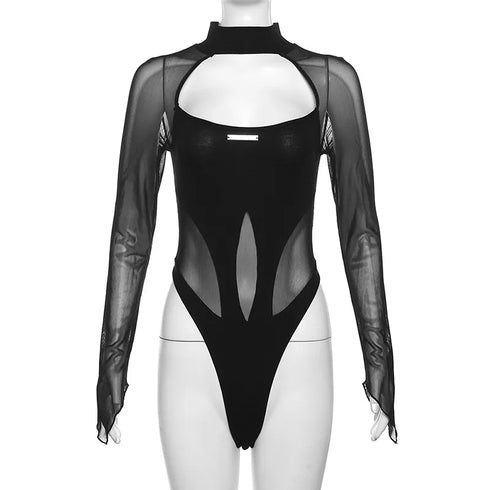 Sexy Hollow Out Bodysuit for Women Summer Mesh Backless Long Sleeve Chic Clubwear